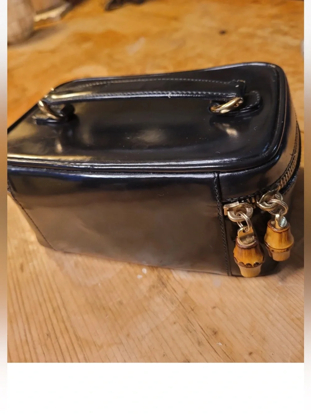 Gucci Vintage Black Patent Leather Cosmetic Vanity Pouch with Bamboo Pulls